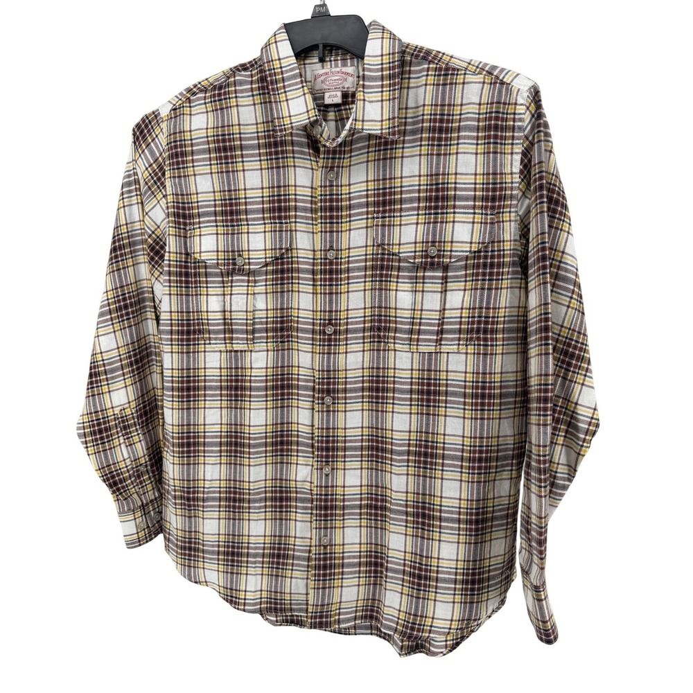 Filson Field Flannel Shirt Men L Brown White Yellow Plaid Cotton Workwear Rugged